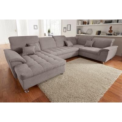 Wohnlandschaft DOMO COLLECTION "FRANZI optional mit Bettfunktion, Bettkasten & Kopfteilverstellung", grau (taupe), B:352cm H:81cm T:206cm, Flachgewebe (100% Polyester);Chenille (100% Polyester), Sofas, Wohnlandschaft, U-Form, Recamiere links, taupe,...