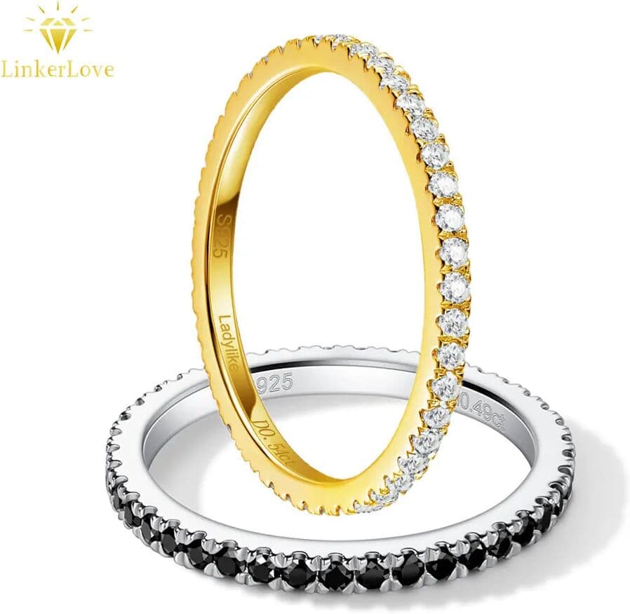 M-JAJA LinkerLove Eternity Black Moissanite Ring S925 Sterling Silver Wedding Band for Women 18K Gold Plated Diamond Rings Fine Jewelry