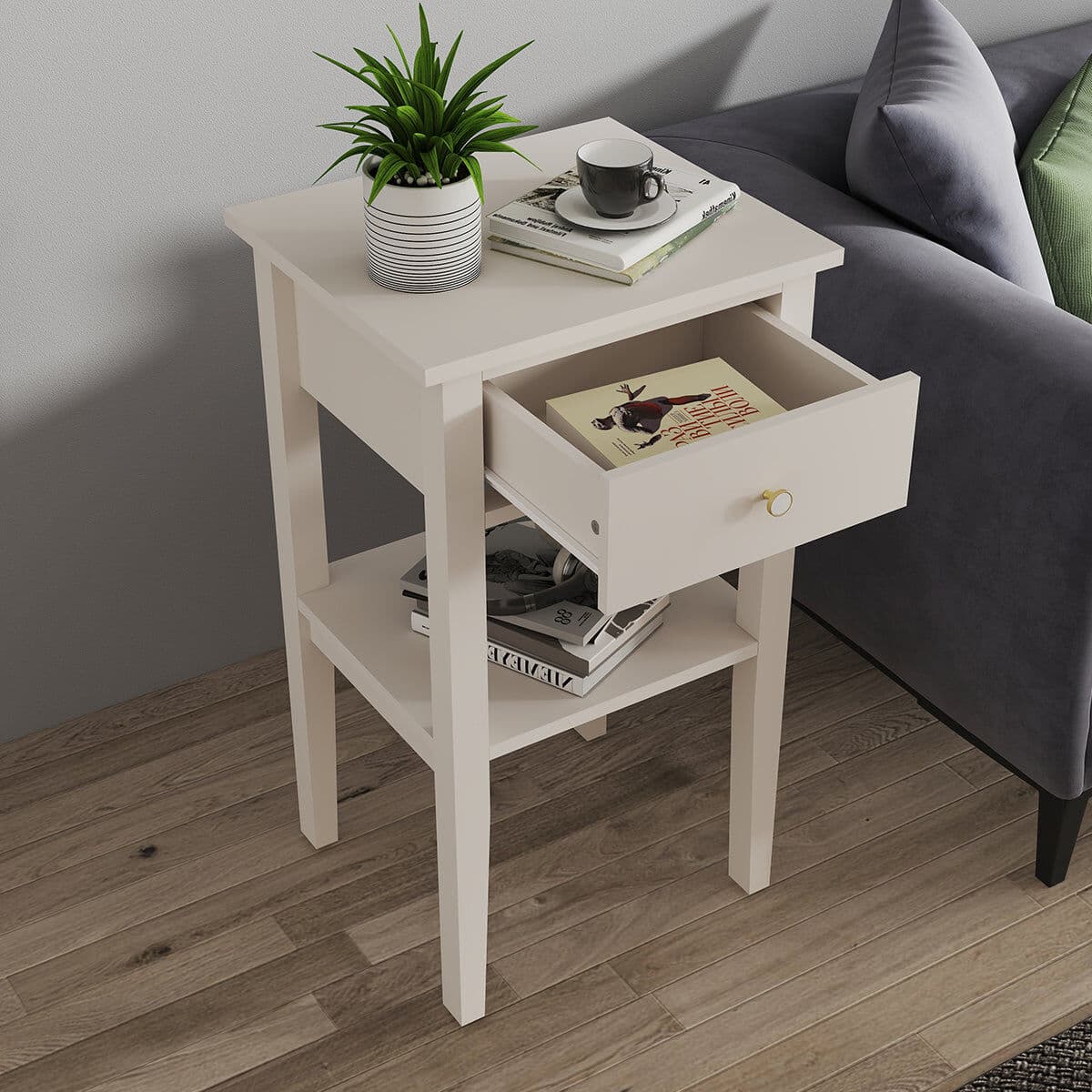One Drawer Bedside Table - Abbey Pale Ivory Range Coated MDF, Metal