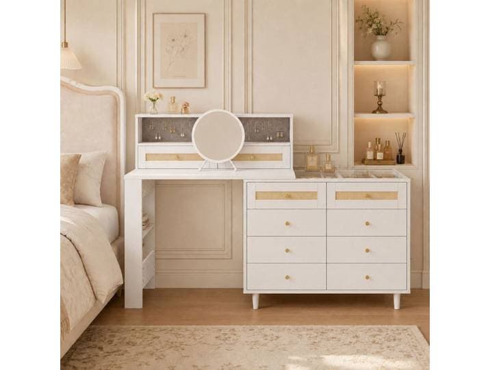 WUVRIE Coiffeuse blanche avec miroir 10 tiroirs rangement à bijoux et plateau en verre trempé