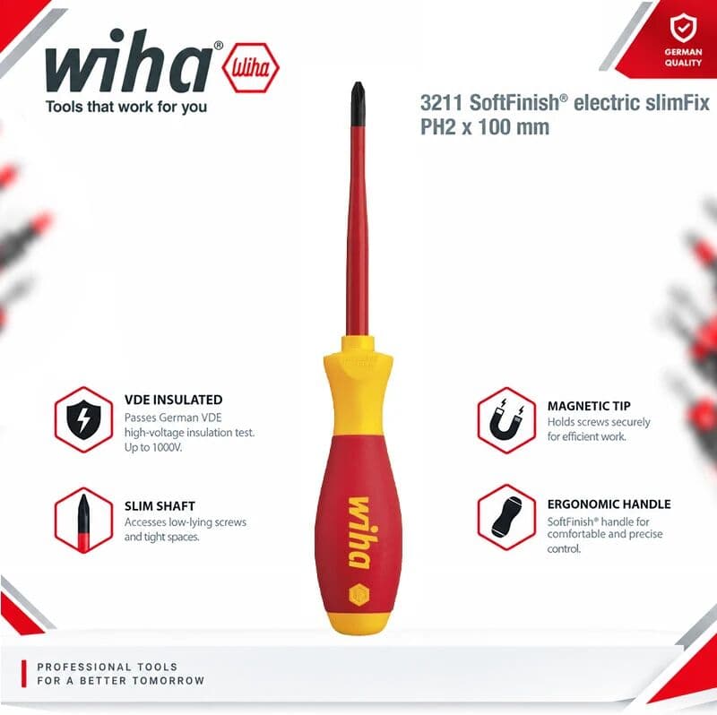 Wiha 35394 SoftFinish VDE Insulated Slim Shaft Screwdriver, 3211 PH2 x 100mm, Electrician Hand Tools