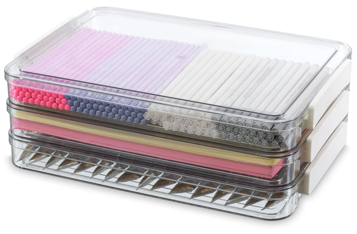3-delige transparante acryl opbergboxen set met deksel voor kantoorartikelen