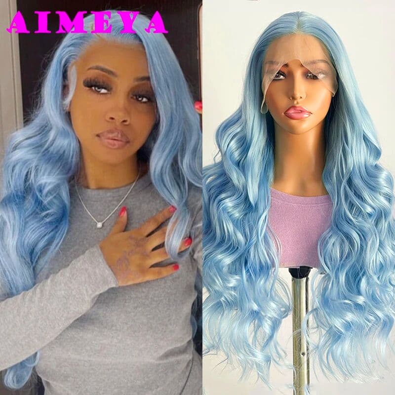 AIMEYA Light Blue Lace Wig Synthetic Long Body Wave Lace Front Wig Mint Green Heat Resistant Hair Lace Daily Use Cosplay Wig