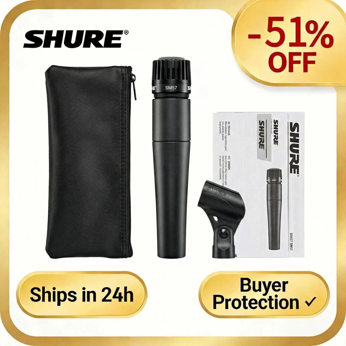 Original Shure SM57 Professional Unidirectional Dynamic Microphone Metal Wired for Live Stage Karaoke Vocals Performance