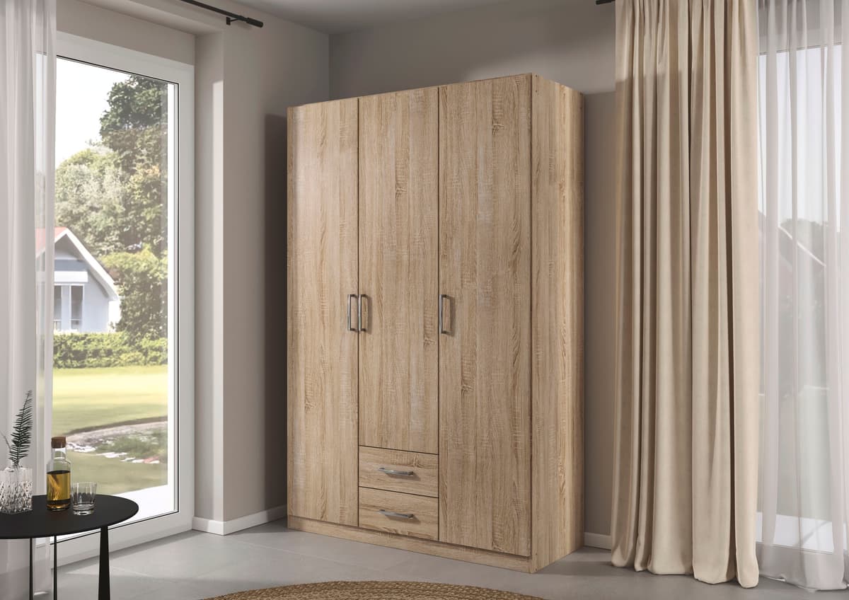 Kleiderschrank RAUCH "Schrank Schlafzimmerschrank Garderobe Stauraum GAMMA Breite 136 cm", braun (eiche sonoma, griffe chrom), Schränke, Kinder, B/H/T: 136cm x 210cm x 54cm, Classic, Holzwerkstoff, Kleiderschrank, mit Schubladen, verschiedene Griff-Varian