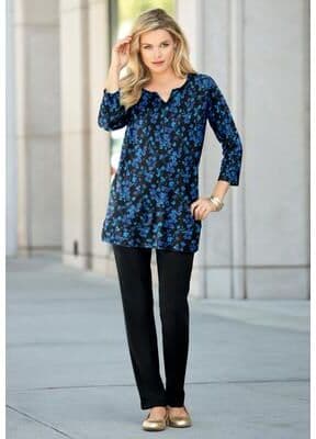 Plus Size Women's Plus Size Three-Quarter Sleeve Notch Neck Soft Knit Tunic by Roaman's in Black Graphic Ditsy (Size 14/16) Long Shirt