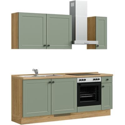 Küchenzeile NOBILIA "Cascada I", NEU: individuell anpassbar mit gratis Profi-Beratung", grün (küche: grün, korpus: eiche sierra nachbildung, arbeitsplatte: eiche sierra nachbildung), B:210,3cm H:216,6cm T:60cm, Komplettküchen-Sets, Küchenzeile,...