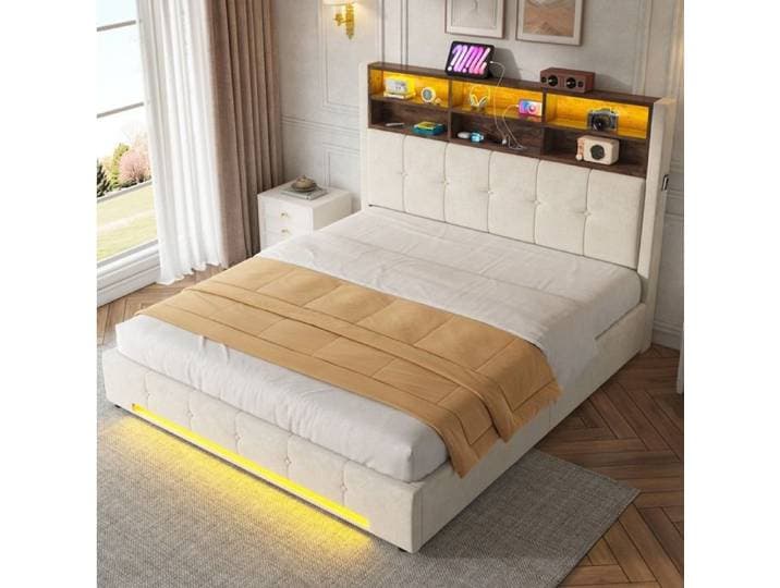 Lit Coffre Double 160×200 cm avec 6 Compartiments USB-C LED et Poches Latérales sans Matelas Velours Beige - UVRION