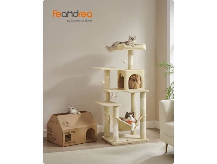 FEANDREA Kratzbaum, 143 cm, Katzenbaum mit Hängematte, beige PCT161M01