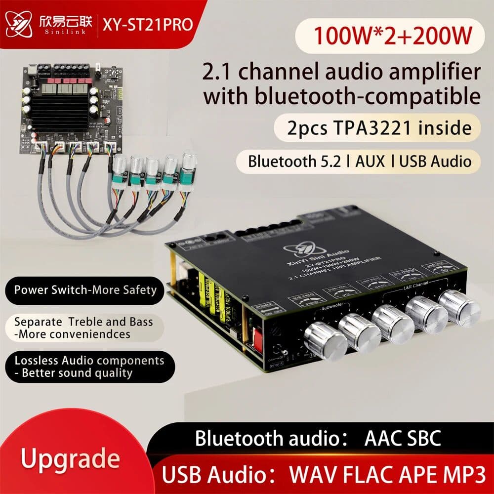 HIFIDIY LIVE ST21PRO TPA3221 Bluetooth 5.0 2.1 Channel Power Audio Stereo Subwoofer Amplifier Board 100WX2+200W TREBLE Bass note tuning AMP