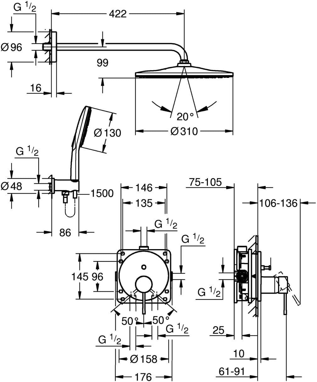 Grohe Unterputz-Duschsystem Essence 25287 2 WU KB RSH Mono 310 hard graphite gebürstet, 25287AL0 25287AL0