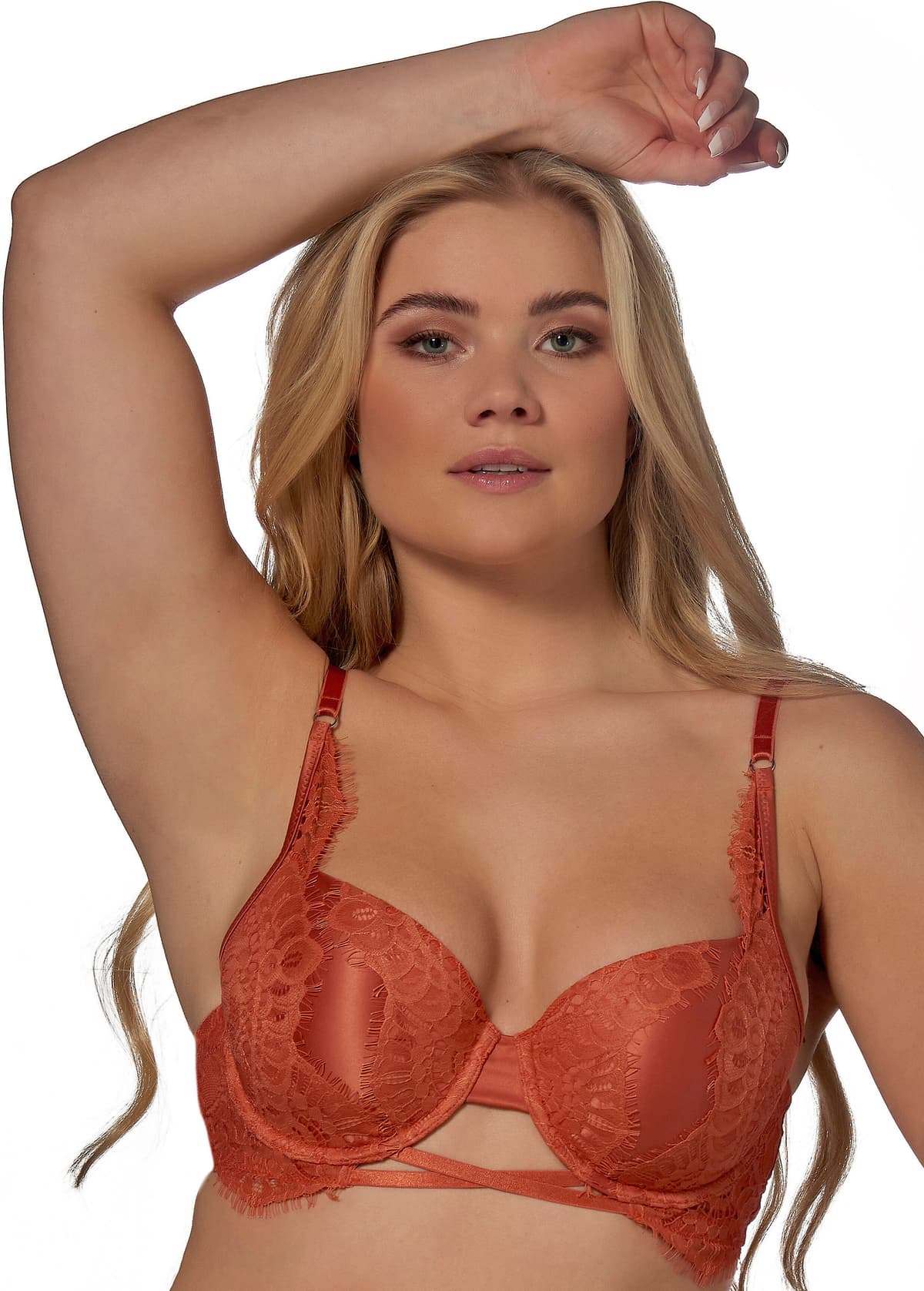Halbschalen-BH "Tessa", Damen, Gr. 80, Cup E, orange (brique), Spitze, Obermaterial: 64% Polyamid, 31% Polyester, 5% Elasthan, AFTER EDEN D-CUP & UP, BHs Halbschalen-BH, mit Schale, mit Bügel, mit Spitze, Satin-Look, mit Riemchen, feminin brique 80, Cup E