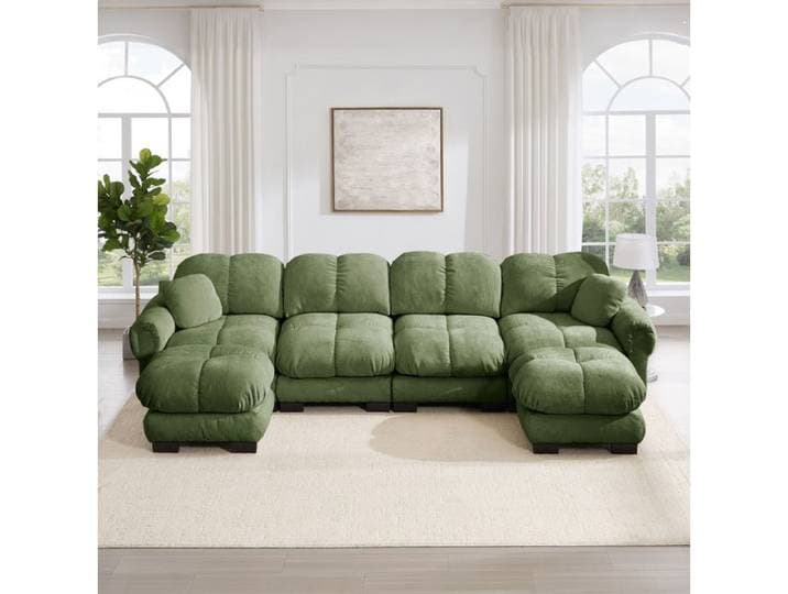 Canapé modulable d'angle en chenille verte avec ottomans mobiles 4 places