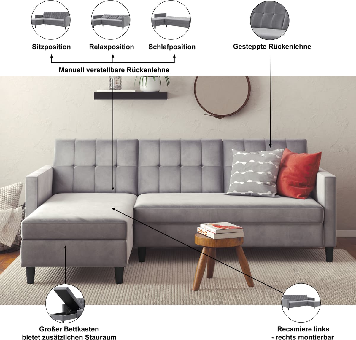 Ecksofa DOREL HOME "Hartford II", grau (taupe), B:213cm H:83cm T:154cm, Veloursstoff 100% Polyester, Sofas, Ecksofa, mit Bettfunktion und Stauraum, Recamiere beidseitig montierbar