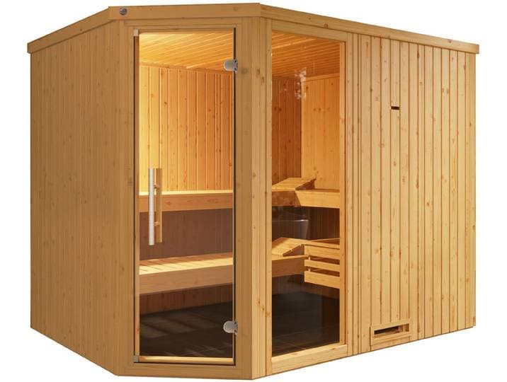 Sauna WEKA Element-Ecksauna VARBERG 4 , beige (natur), Bio-Ofen, externe Steuerung, 9 kW, Saunen, Sauna, vorgefertigte Elemente, Fensterelement, moderne Ganzglastür