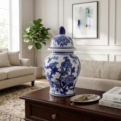 Sagebrook Home Decorative Ceramic Chinoiserie Bird and Flower Temple Jar
