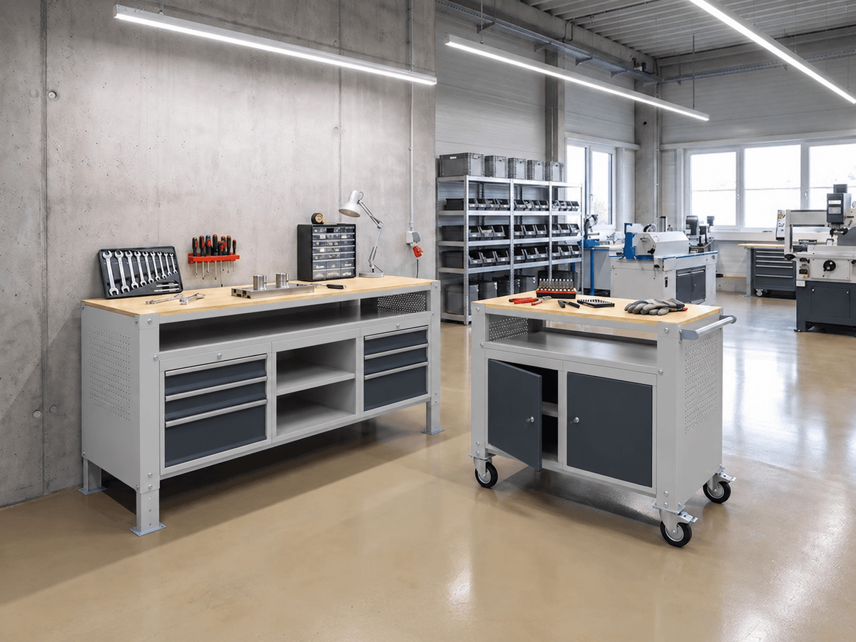 B2B Partner Mobilny stół warsztatowy G9, 2 półki, 1 szafka, 1180 x 595 x 865-1130 mm, szary/grafitowy