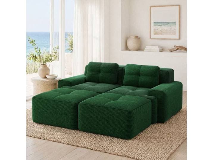 Canapé modulable U compressé 2 places en velours côtelé vert - TCQPZ - sans montage avec ottoman