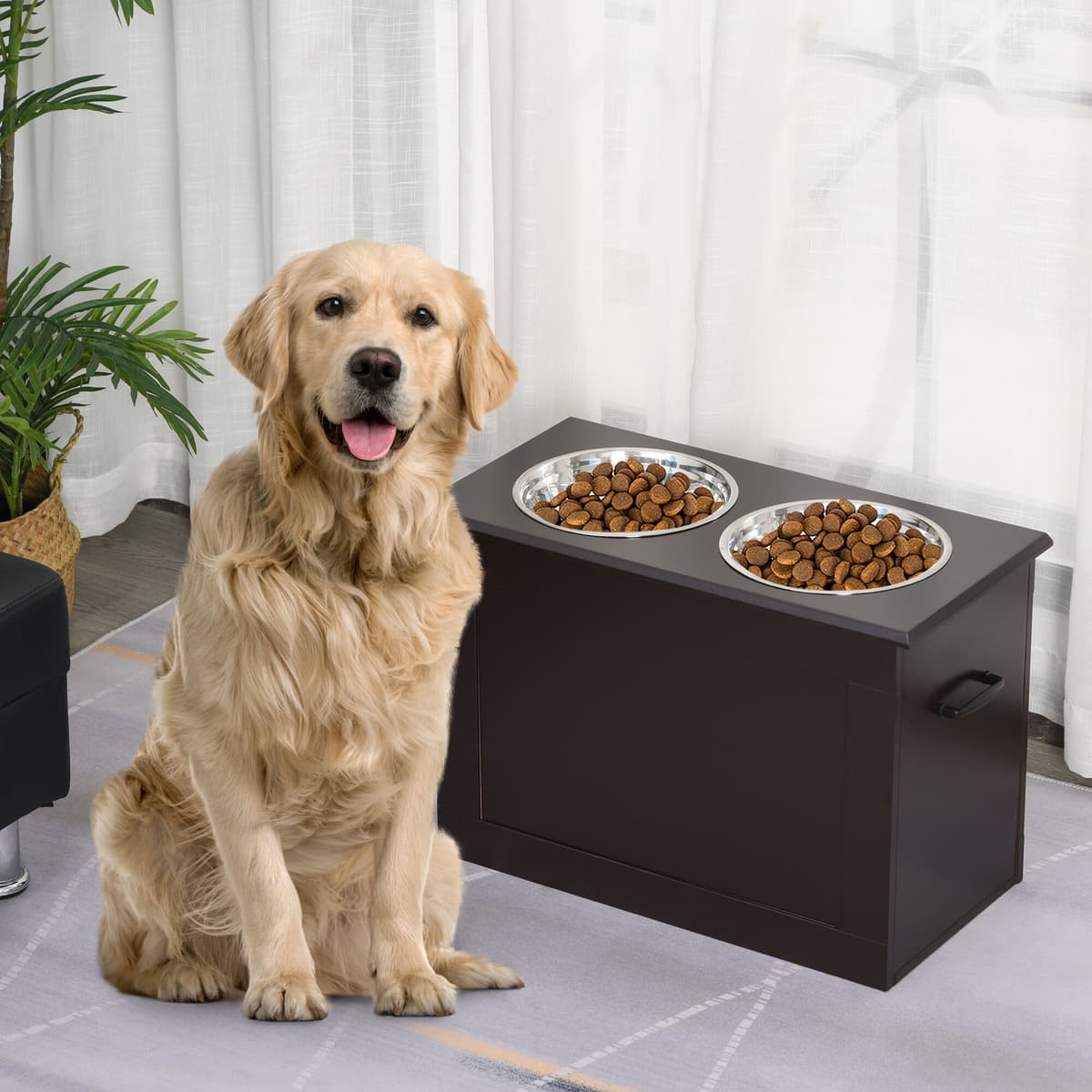 Altro Ciotole Rialzate Per Cani Grandi, Supporto Portaciotole In Mdf Con 2 Ciotole In Acciaio Inox, 60x30x41 Cm, Marrone