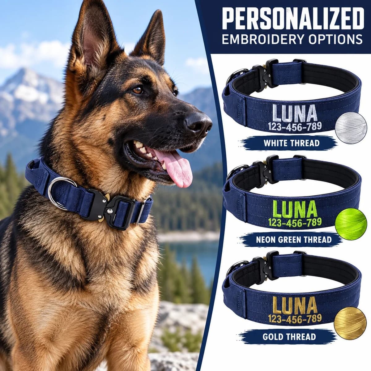 COARID Custom Name & Phone Embroidered Dog Collar Heavy Duty Nylon Quick Release Metal Buckle D-Ring for Medium Large Dogs