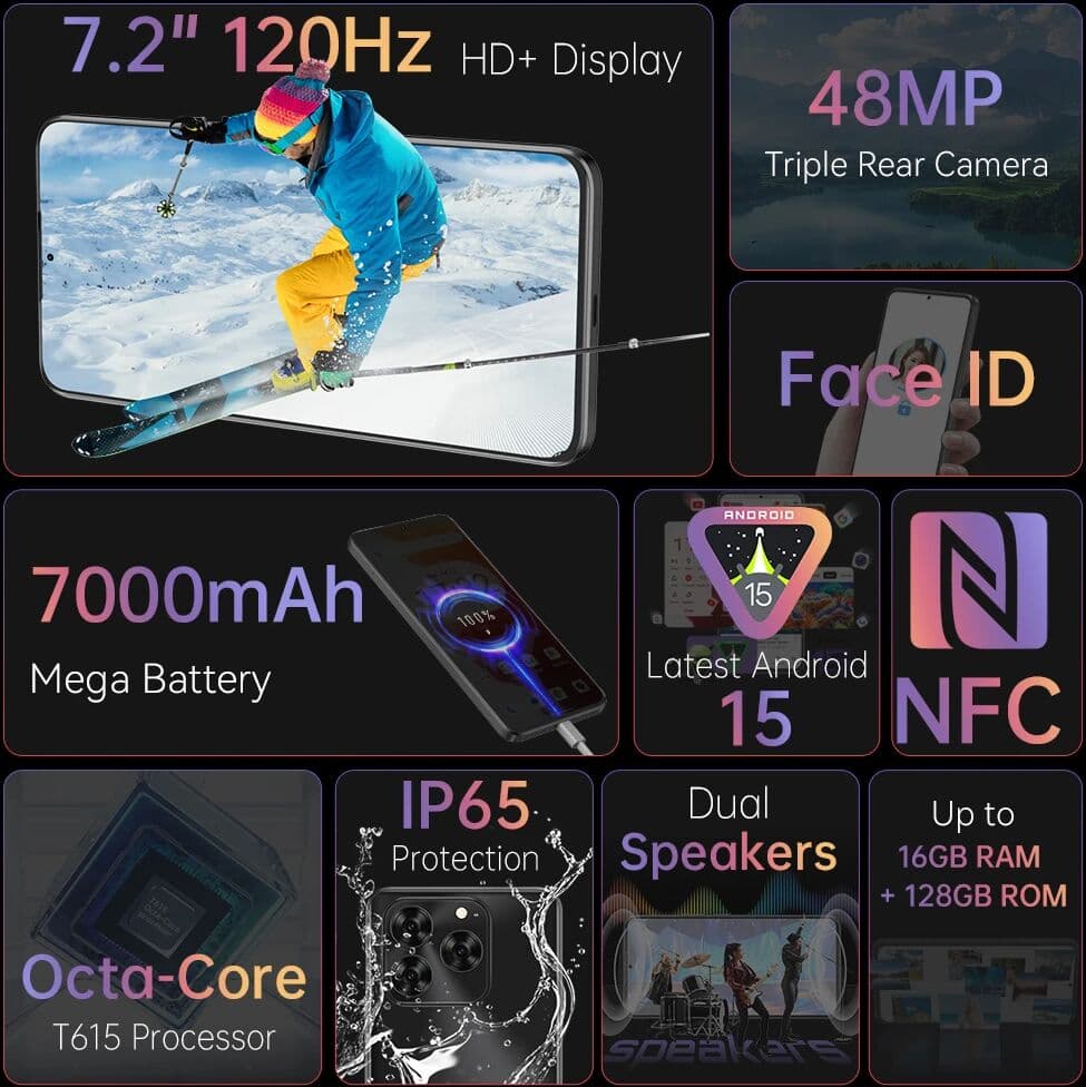 Cubot Note 60 Smartphone, Android 15, 7.2-inch 120Hz Display, Octa-core,16GB(6+10GB )RAM 128GB ROM, 48MP Camera, 7000mAh Battery