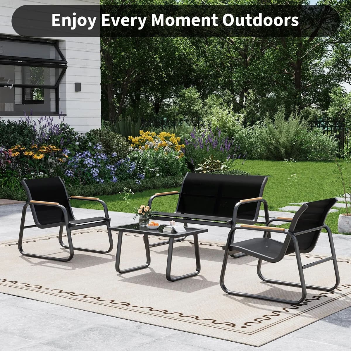 NONE 4-Piece Weather-Resistant Patio Sofa Set – Outdoor Conversation Furniture with Double Loveseat, 2 Armchairs & Tempered Glass Coffee Table, Steel Frame & Textilene Fabric, for Balcony, Yard, Terrace &