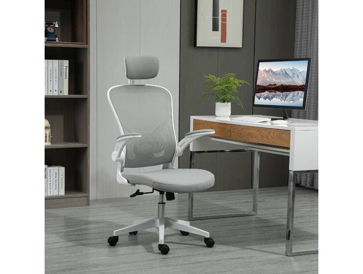 Vinsetto Chaise de Bureau Ergonomique avec Fonction Bascule Dossier Haut Support Lombaire Têtière Accoudoirs Relevables pour Home-Office Gris 65 x 64 x 114-122 cm