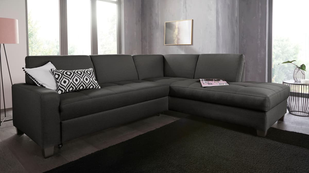 Ecksofa DOMO COLLECTION "Florentina zeitlos und elegant, Sitznähte als Designelement, L-Form", grau (stone), B:243cm H:84cm T:209cm, Struktur fein (100% Polyester);Luxus-Microfaser (100% Polyester);Luxus-Microfaser in Chenille-Optik (100% Polyester);Micro