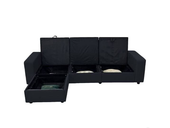 Canapé d'Angle Réversible 3 Places avec 4 Coffres de Rangement et Ottomane en Tissu Polyester Noir