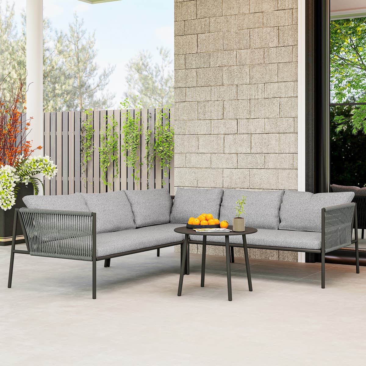 Outsunny Salotto da Giardino in Rattan con Divano Angolare Modulabile, Tavolino da Caffè e Cuscini, Grigio