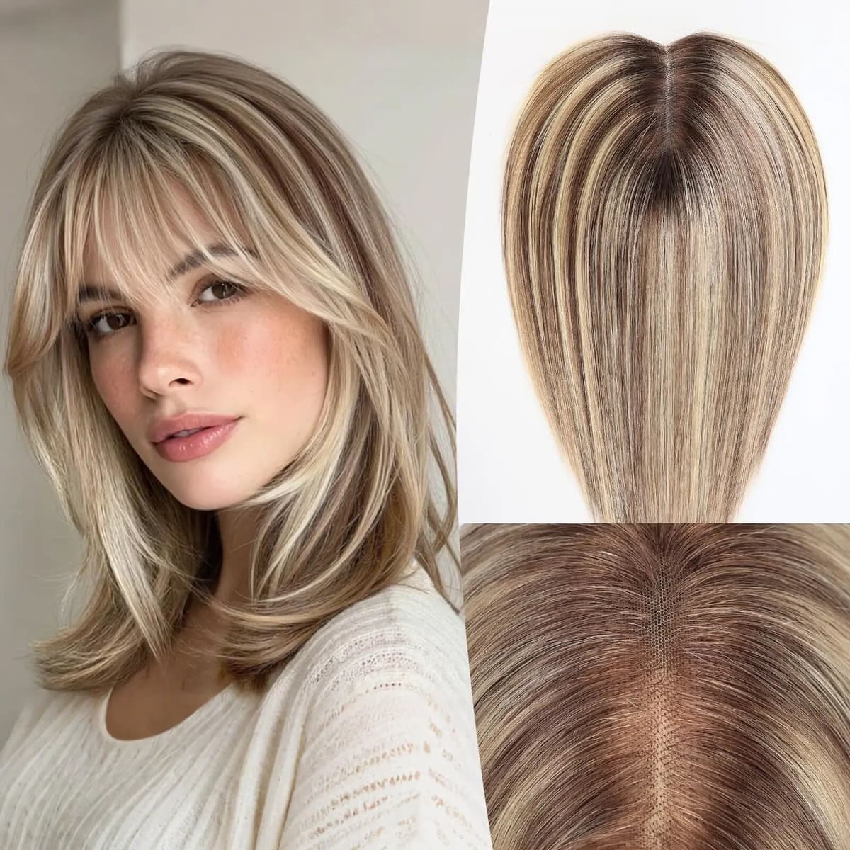 HAIRCUBE 12 inch Ombre Brown Mixed Blonde Human Hair Toppers 100% Real Human Hairs Topper 5x6 inch 3Clips Swiss Base for Women Hair Loss