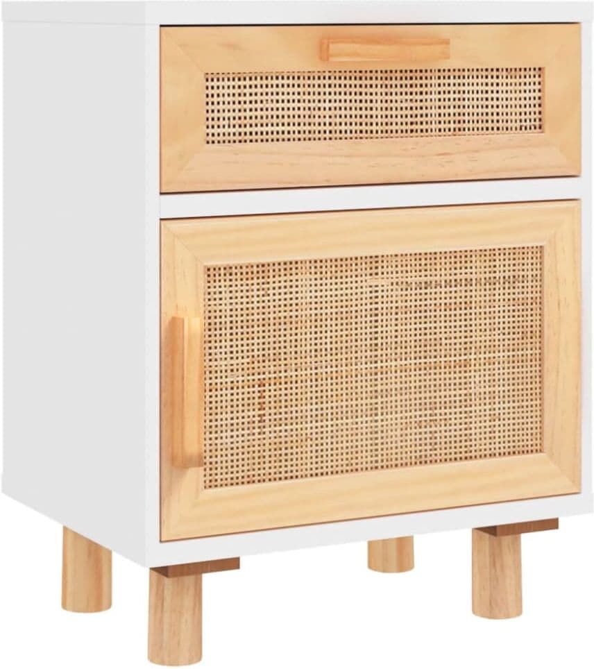 Maison Chic Mesita de noche,mesa de noche madera y ratán natural blanca 40x30x50cm