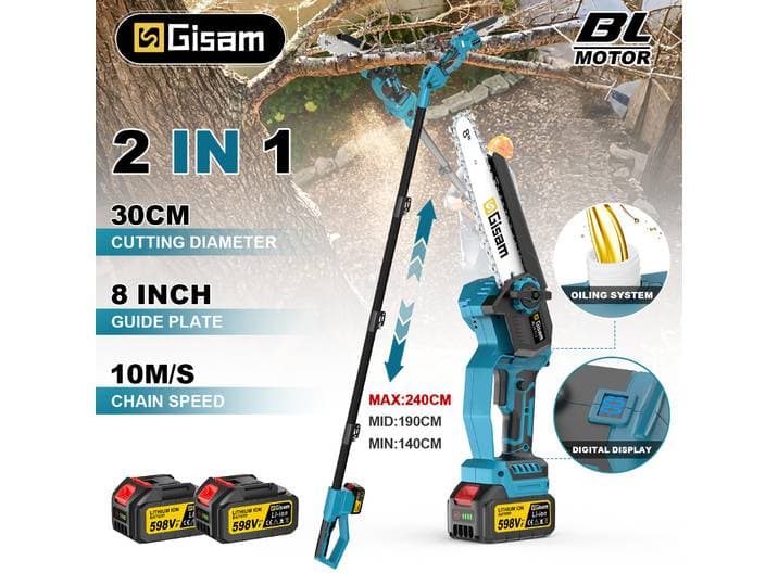Scie à chaîne électrique télescopique sans balais Gisam 8 pouces 4500W, outil de jardinage pour l'élagage des hautes branches, des bonsaïs et des arbres fruitiers, compatible avec la batterie Makita