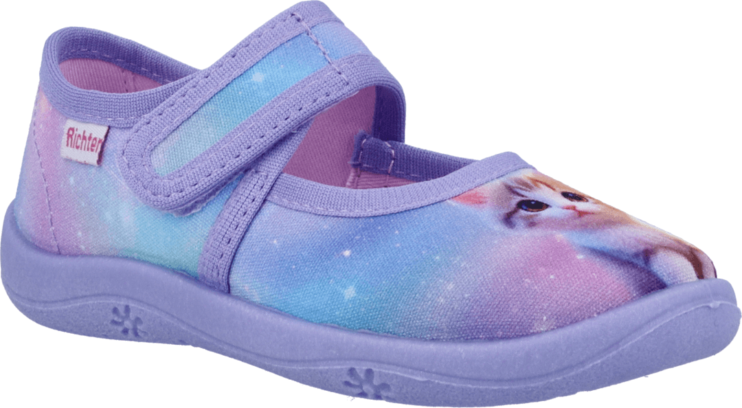 Hausschuh RICHTER "Mia", Mädchen, Gr. 31, Baumwolle, lila (lila kombiniert), Schuhe Hausschuh, Kinderschuh mit seitlichem Label, Grössenschablone zum Download lila kombiniert 31, Baumwolle