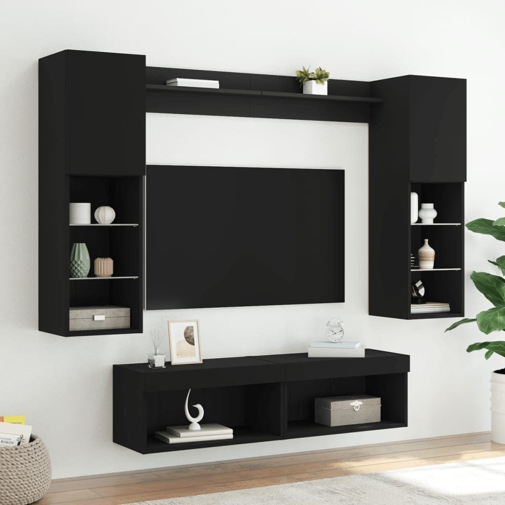 vidaXL Unités murales TV avec LED 6 pcs noir bois d'ingénierie