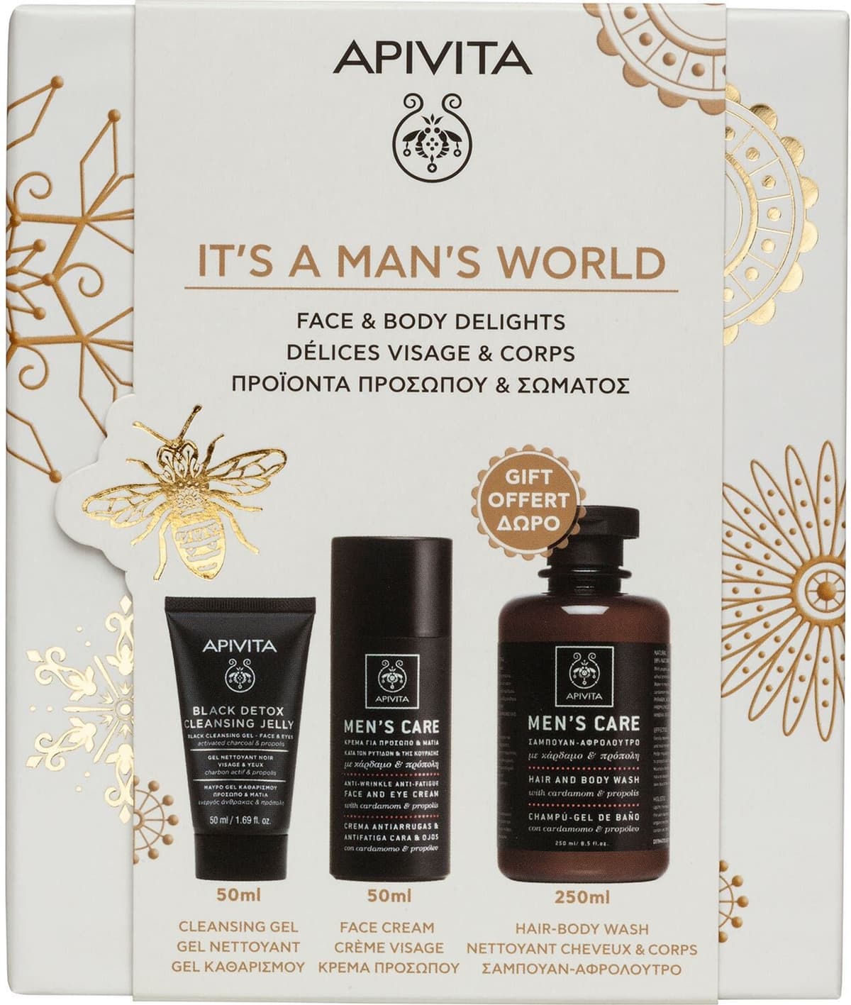 Apivita Pack It´s Man´s World Crema antiarrugas 50ml + Gel limpiador 50ml + champú 250ml