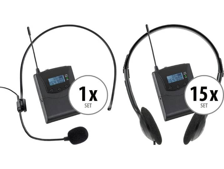 Pronomic Silent Guide V2 Basic Set für 15 Personen Funk-Kopfhörer (Geeignet für z.B. Stadtführungen und kleinere Außenveranstaltungen, keine Sprachsteuerung, UHF Funk, Mit Lautstärkeregler und Kanalwahlschalter)