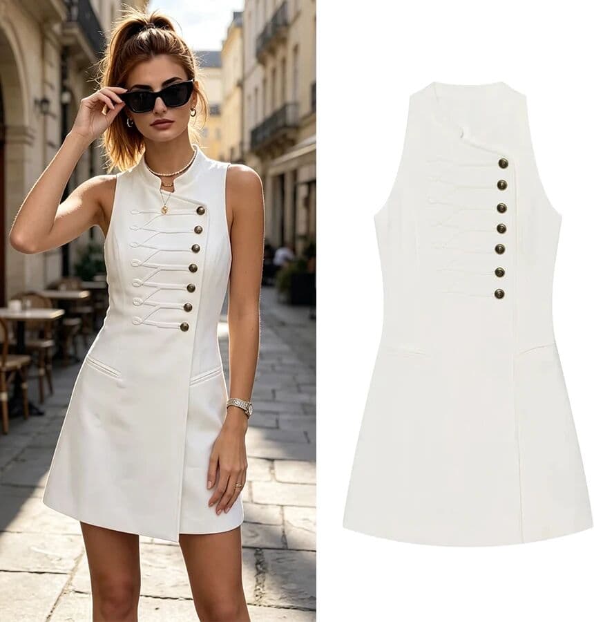 NONE Women Elegant Chic Rope Buttons Dress 2026 Summer Trendy High Street Mini Dress Dating Dinner Ladies Sleeveless Dresses