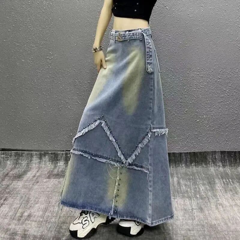 DANCING WINGS Heavy Industry Nail Bead Washed Rough Edge Denim Skirt for Women's Autumn  High Waist Medium To Long A-line Skirt