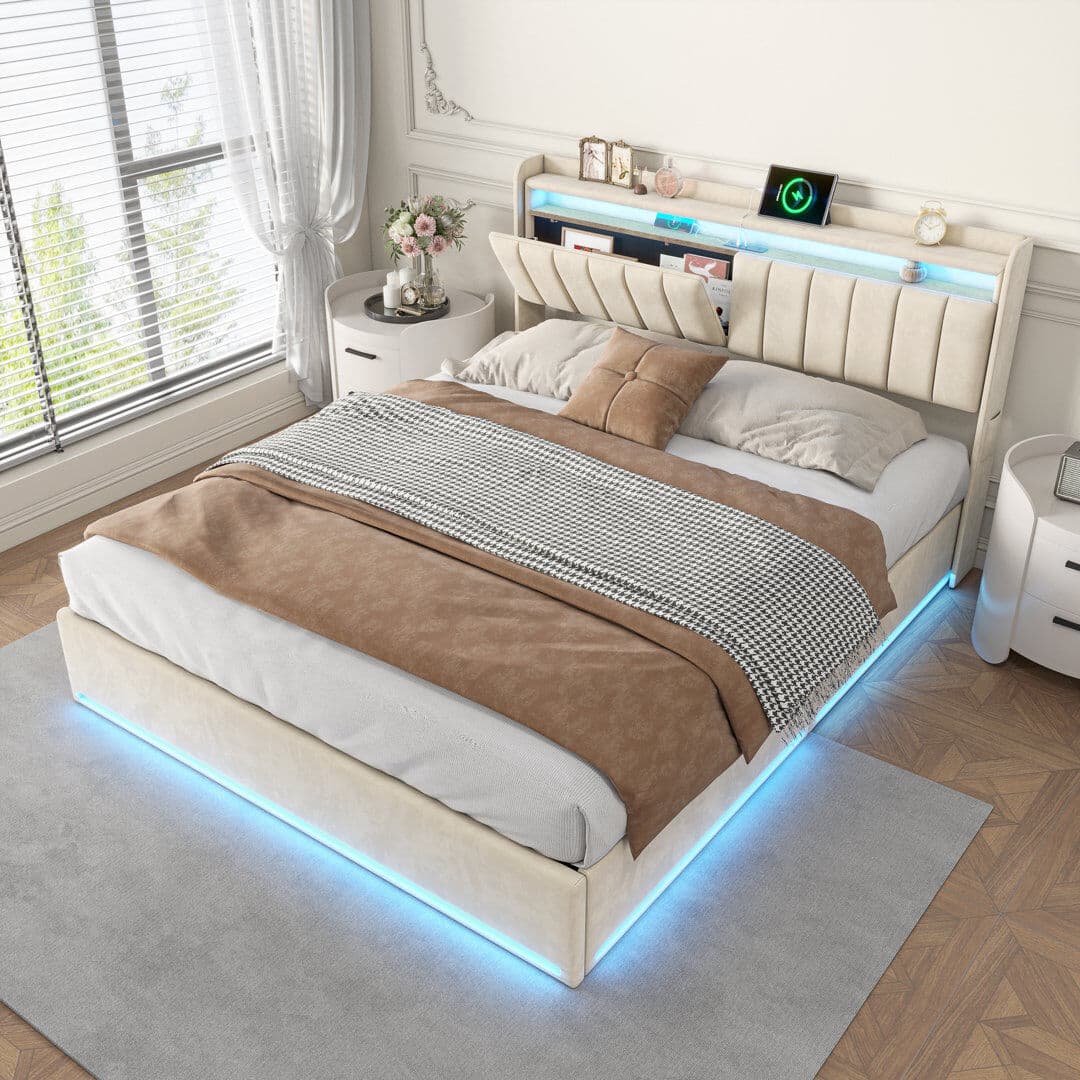 Brayden Studio Upholstered Ottoman Storage Bed with LED Lighting and USB Port, Bed with Storage and Headboard Beige Kingsize (5')