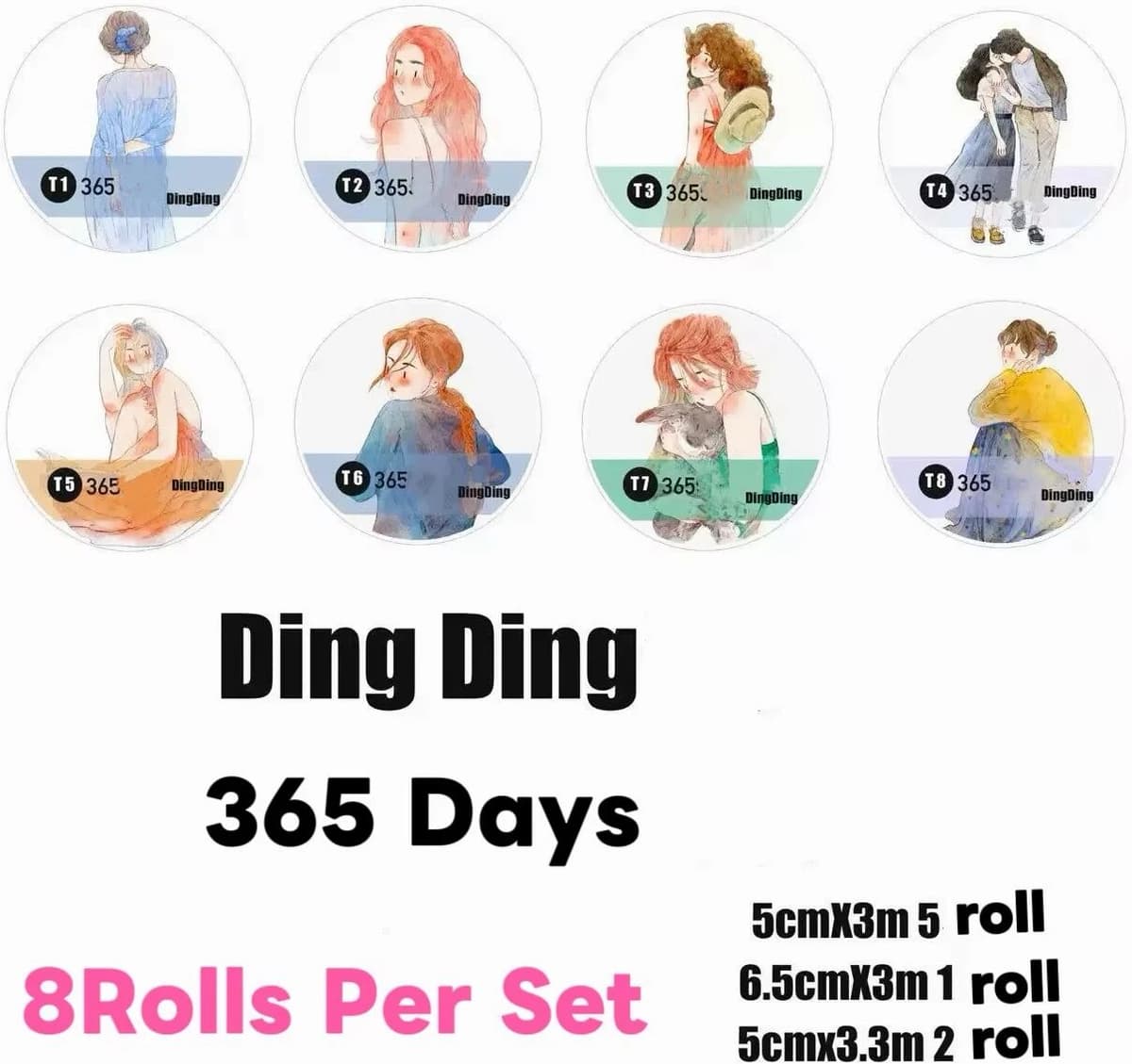 Wollme 8Rolls Set DingDing Vintage Lovely 365 Dates Girl Washi PET Tape for Card Making DIY Scrapbooking Plan Decorative Sticker