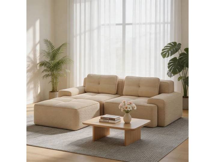 Canapé modulaire - Boneless en L - Velours côtelé beige - 2 places convertible - Mousse 32D base anti‑dérapante