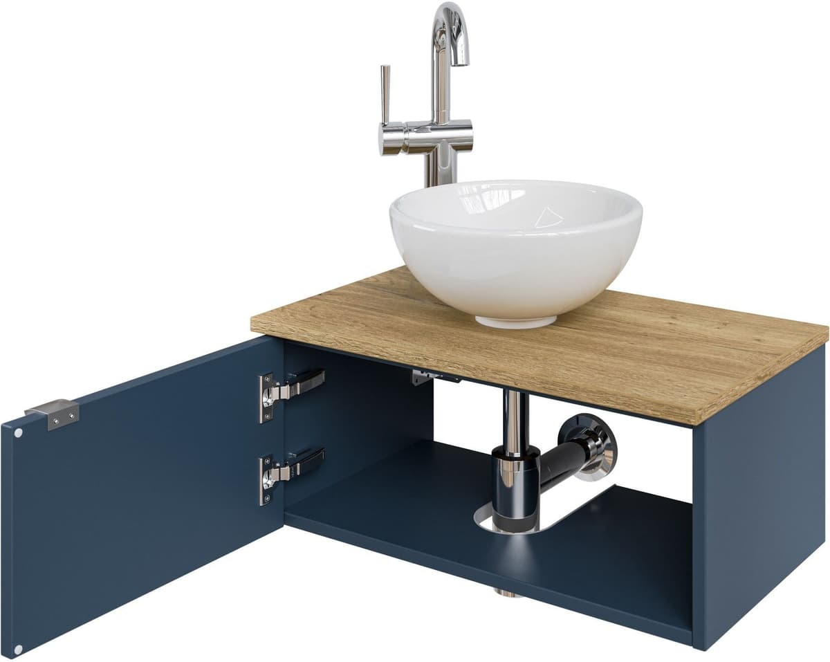 Waschtisch SAPHIR "Serie 6915 Waschschale mit Unterschrank für Gästebad, Gäste WC", blau (baltic blau matt, halifax eiche, baltic blau matt touch), B:61cm H:39,8cm T:35cm, Waschtische, Waschtisch, 61 cm mit Keramik-Aufsatzbecken, 1 Tür und 1 Fach baltic b