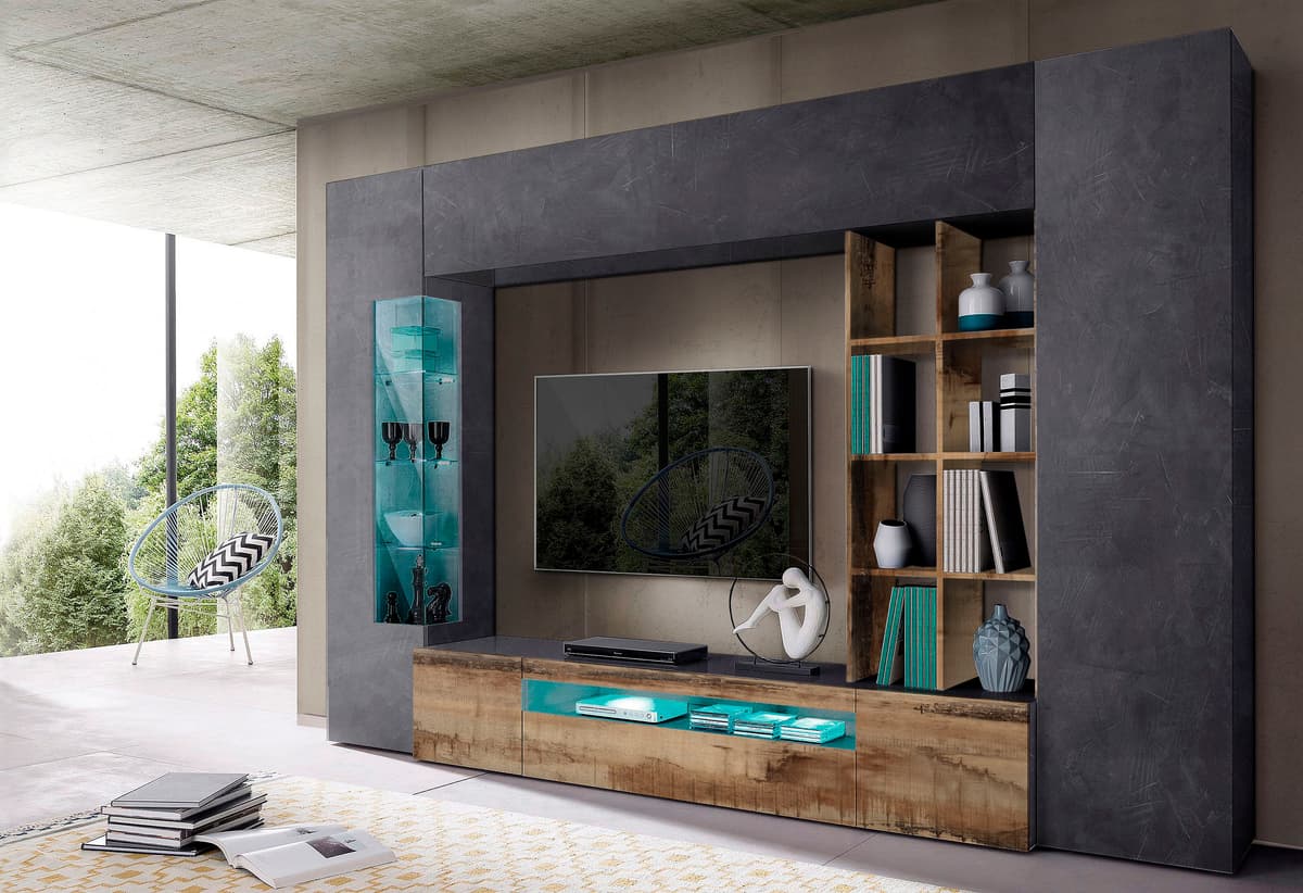 Wohnwand GOODPRODUCT "New Egypt, Anbauwand, Medienwand, Wohnzimmerwand", braun (zement, peireira matt), B:290cm H:190cm T:40cm, Glas, Holzwerkstoff, Kastenmöbel-Sets, Wohnwand, Regalaufsatz Breite 290 Höhe 191 zement, peireira matt B/H/T: 290cmcm x 190cmc