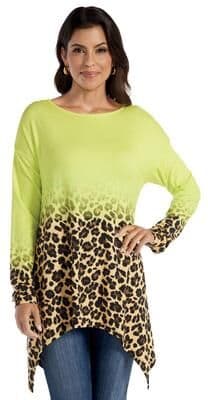 Masseys Shark Bite Thumbhole Top (Size Medium) Lime Leopard Ombre, Spandex,Viscose