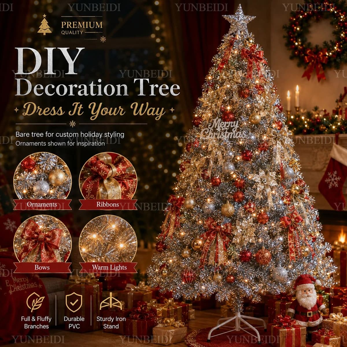 YUNBEIDI Artificial Silver Christmas Tree PVC 120-240cm High-end With Warm LED Lights Xmas Tree DIY Home Christmas Party Scene Decoration