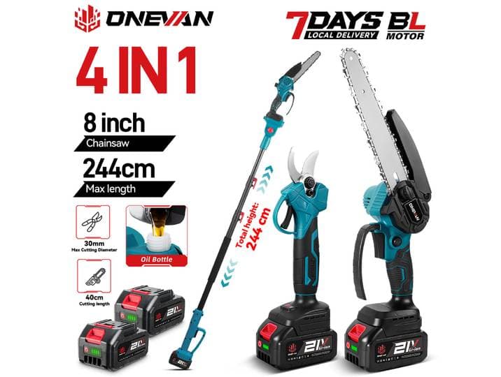 Scie à branches électrique sans balais ONEVAN 4 en 1 de 8 pouces et sécateur à branches avec perche télescopique pour batterie Makita 18V