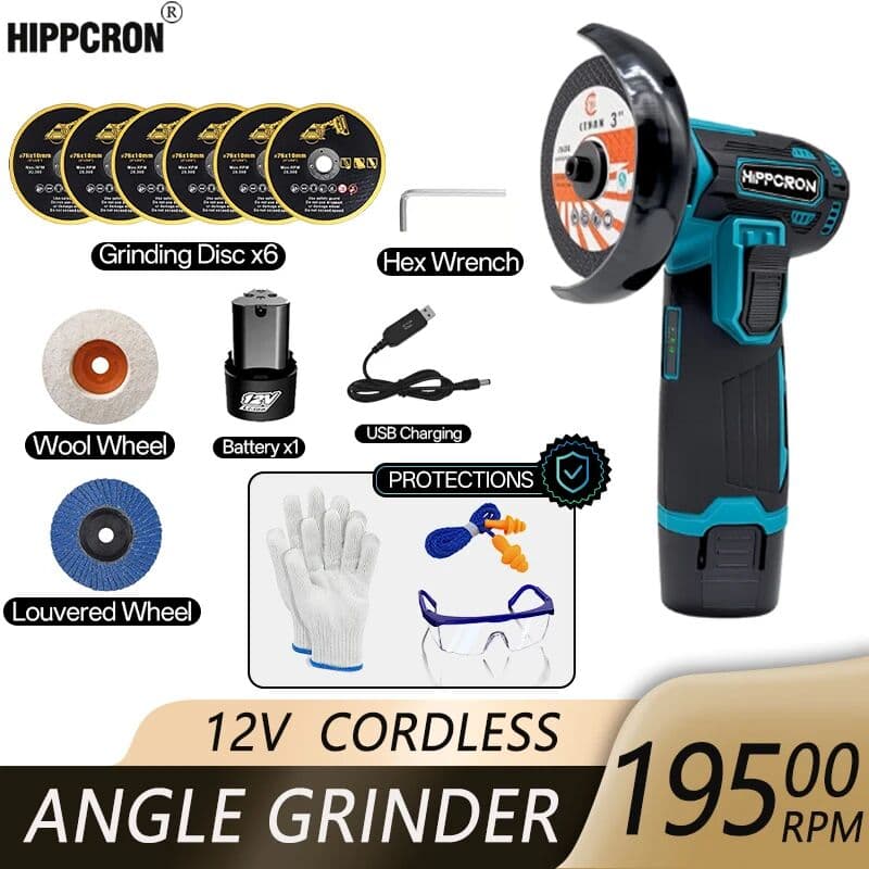 NONE Hippcron 12V Electric Angle Grinder Cordless 19500rpm Lithium Battery Polishing Machine for Cutting/grinding/planing