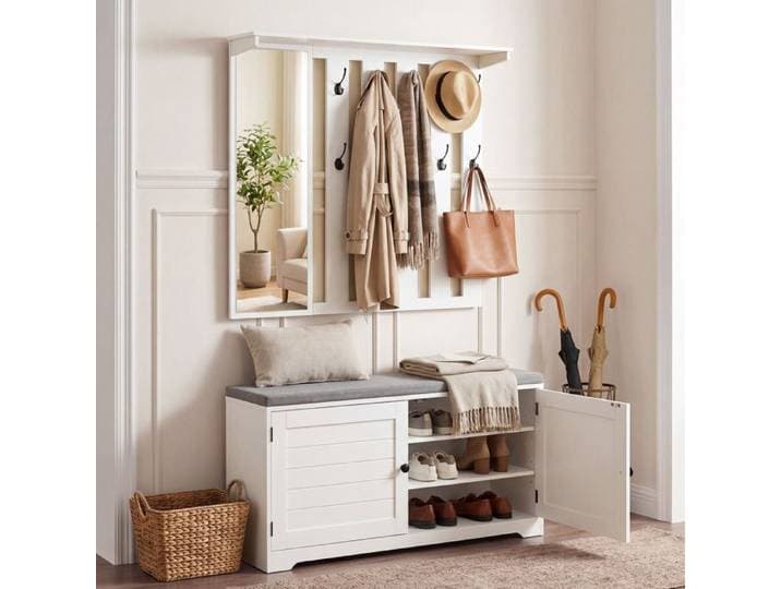 Meuble à Chaussures 10 Crochets Doubles Étagère Réglable Banc de Rangement à Double Porte avec Coussin Amovible Blanc