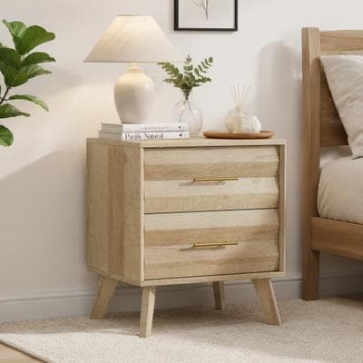 toswini Modern MDF Nightstand with 2 Drawers Pine Legs and Sleek Metal Handles
